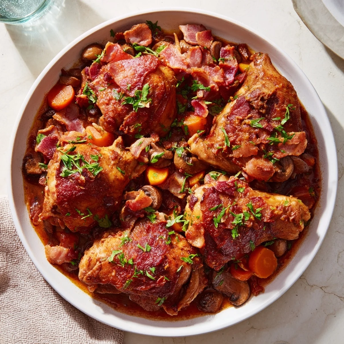 Sizzling Instant Pot Coq au Vin Style Chicken Thighs with tender chicken and a rich red wine sauce.