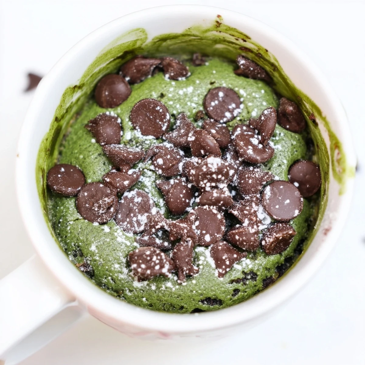 A warm Matcha Peppermint Brownie Batter Mug Cake, a quick, single-serve dessert, ready in your favorite mug!