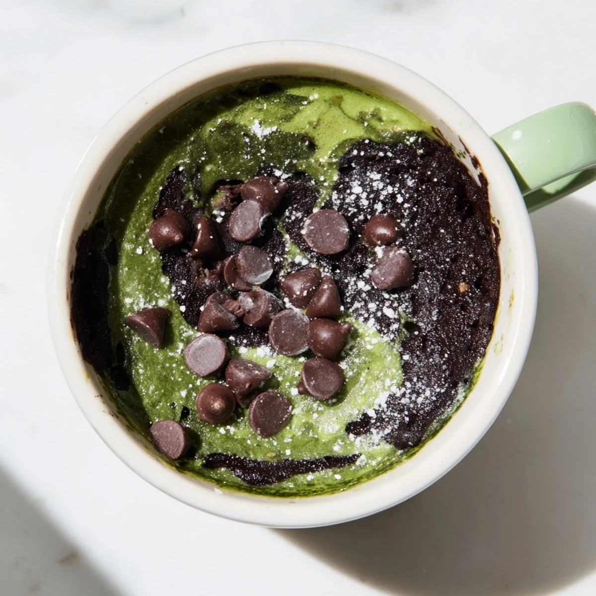 The rich, green hue of this Matcha Peppermint Brownie Batter Mug Cake promises a fudgy, minty treat right from the microwave.