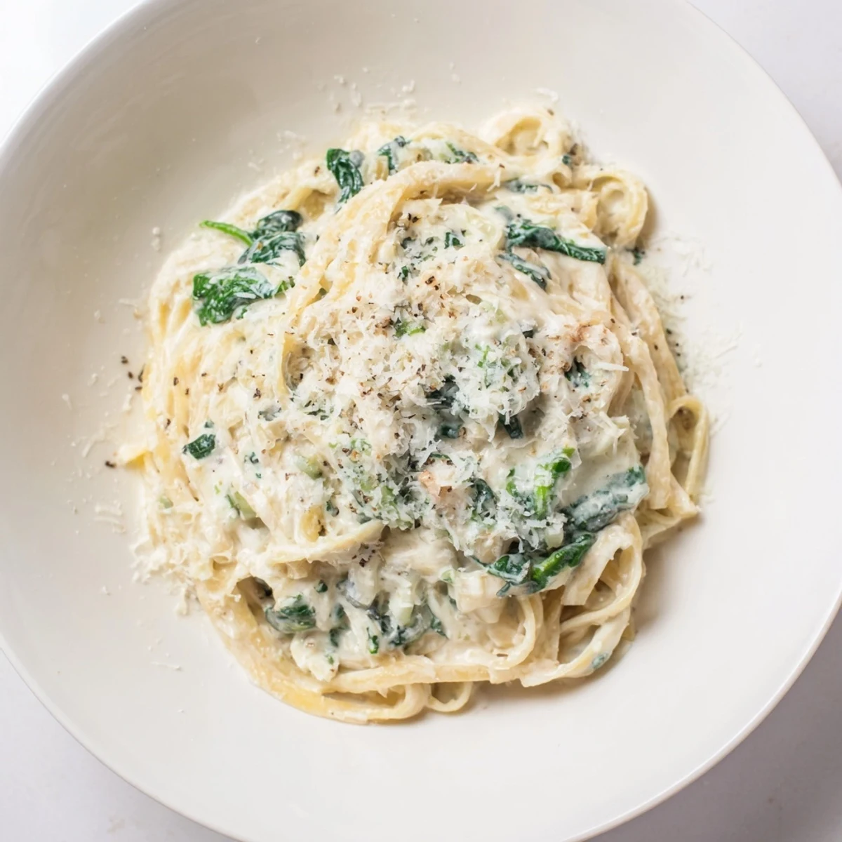 Tender fettuccine coated in creamy Creamy Greek Yogurt Spinach Alfredo Pasta, a lightened Italian favorite.