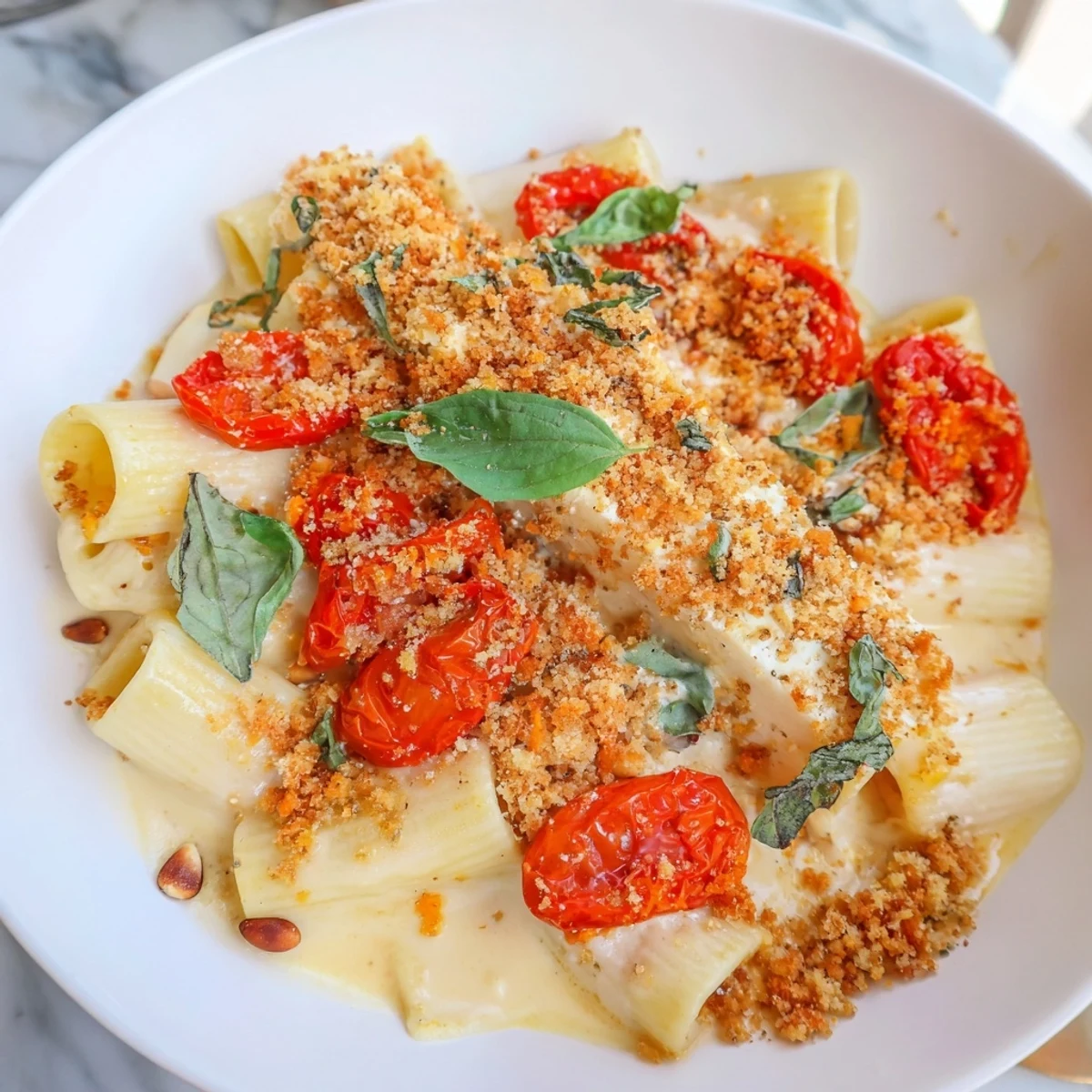 Baked Goat Cheese Snowflake Pasta features roasted tomatoes and creamy cheese, ready to serve.