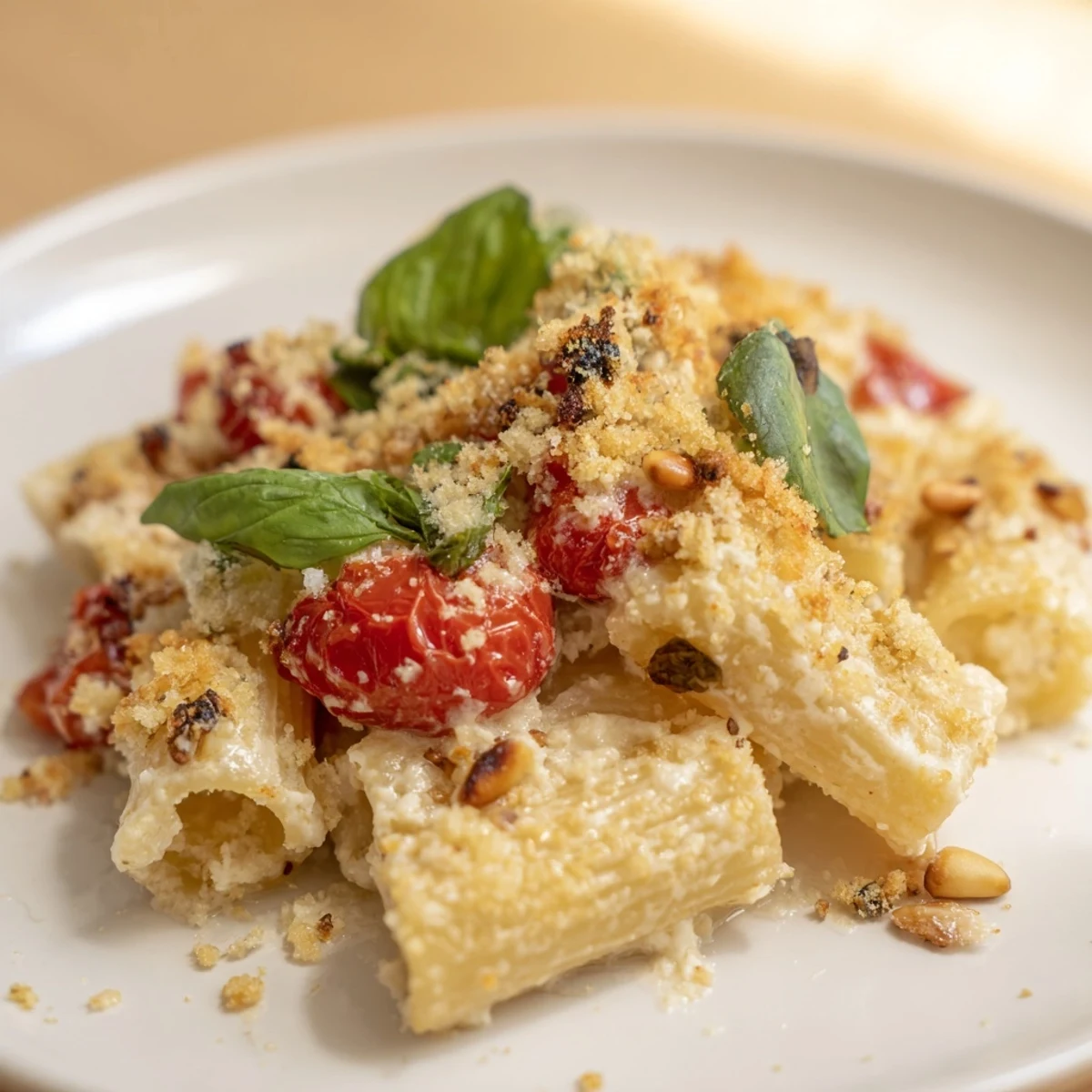 A close-up reveals the beautiful goat cheese snowflake atop the Baked Pasta, glistening with oil.