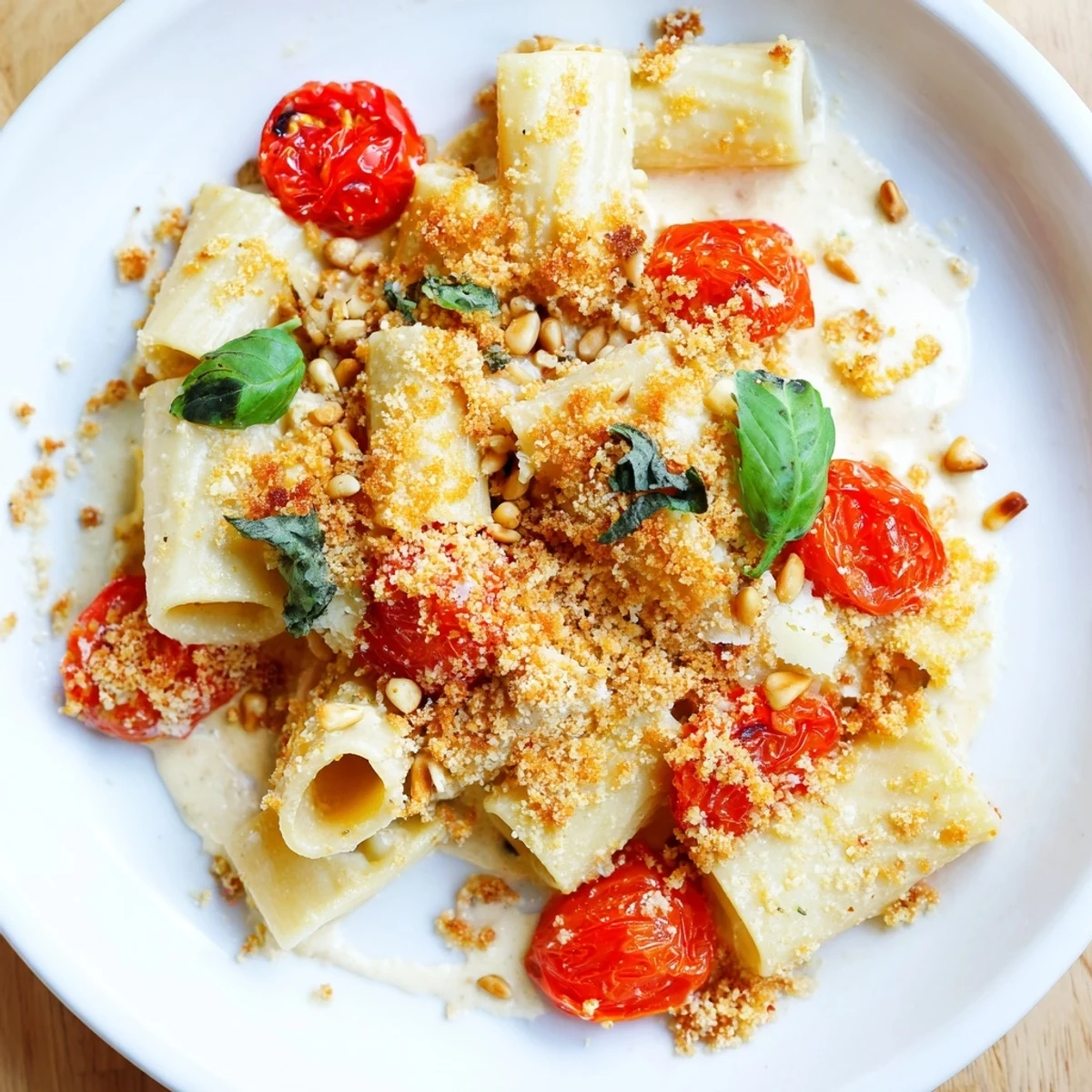This tempting Baked Goat Cheese Snowflake Tomato Basil Pasta dish has aromatic basil and toasted nuts.