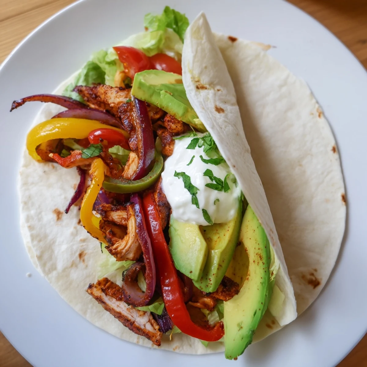 Golden-brown sheet-pan fajita chicken wraps filled with colorful peppers, ready to eat for a quick meal.