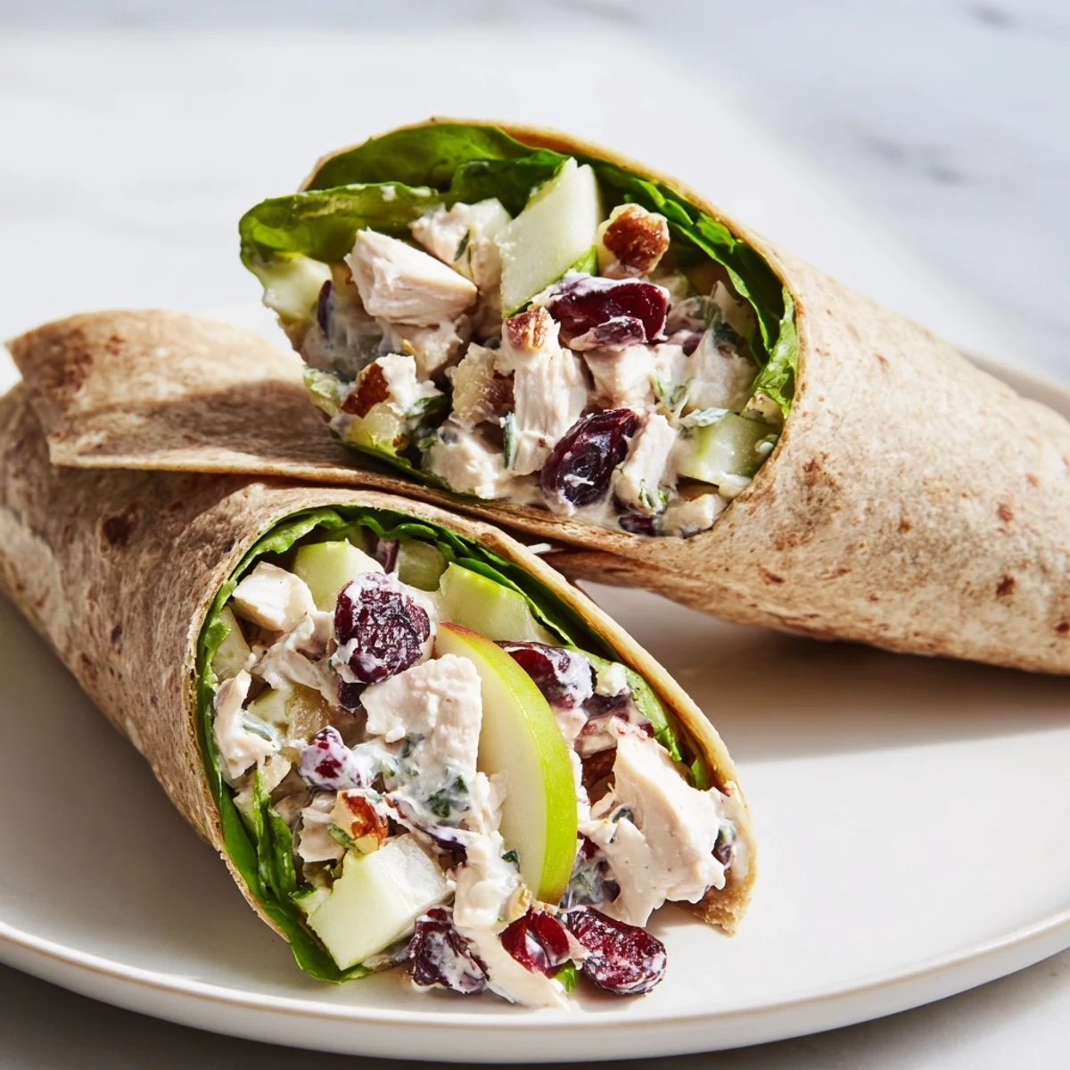 A delicious cranberry pecan chicken salad Christmas wrap, showing a cross-section full of flavors.