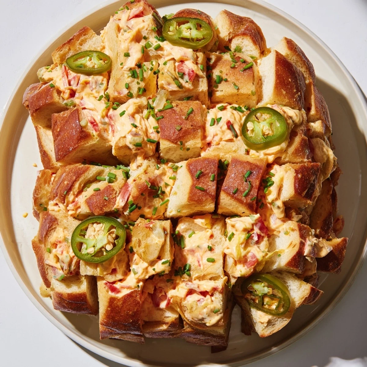 Golden, bubbly Pimento Cheese & Jalapeño Pull-Apart Grilled Cheese, perfect for sharing at any gathering.