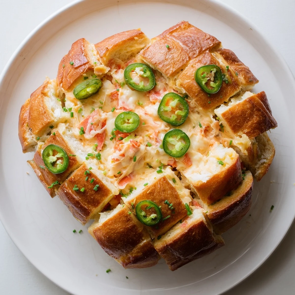 A close-up of a melty Pimento Cheese & Jalapeño Pull-Apart Grilled Cheese, bursting with spicy flavor.