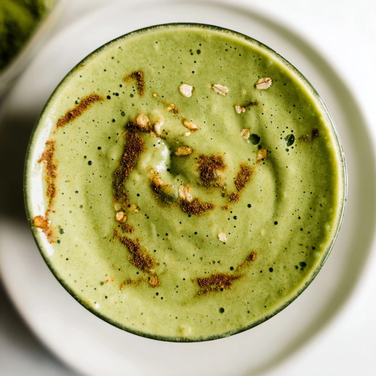 A close-up of a Matcha Snickerdoodle Protein Shake, with ice cubes and a frothy texture.