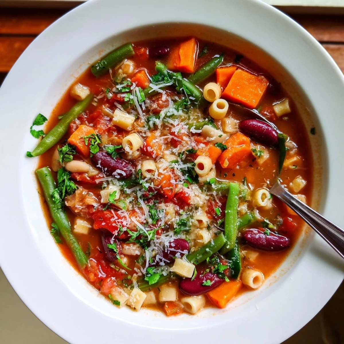 Steaming hot Veggie-Packed Minestrone Christmas Pasta Pot, brimming with colorful vegetables and pasta, ready to warm you.