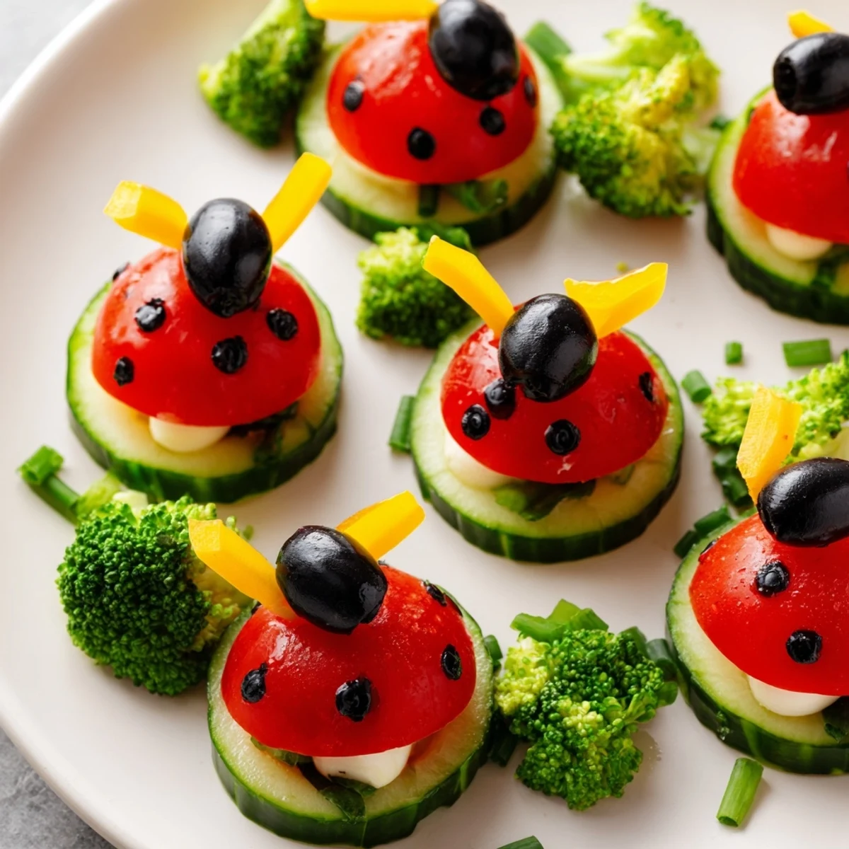 Colorful Ladybug Garden Platter: a whimsical appetizer bursting with fresh tomatoes, olives, and cheese.