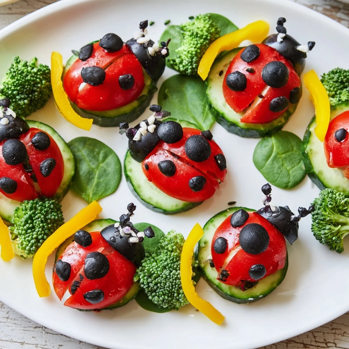 Delightful Ladybug Garden Platter, a visually appealing vegetarian appetizer with clever vegetable ladybugs.