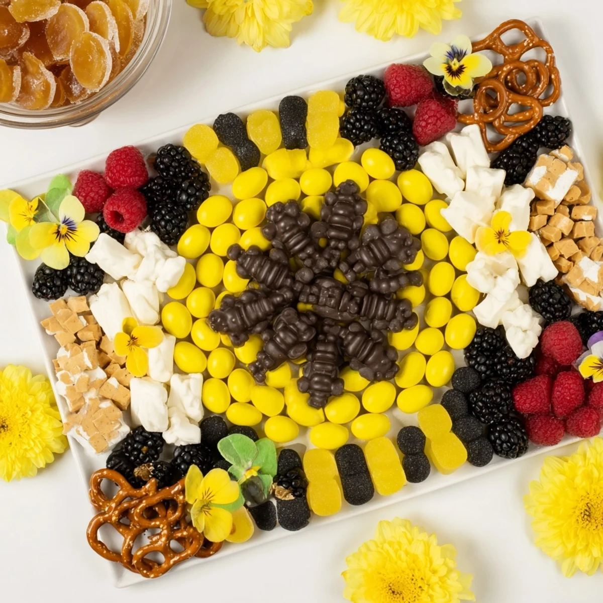 A vibrant Bumblebee Candy Board with colorful sweets and fresh berries, perfect for sharing.