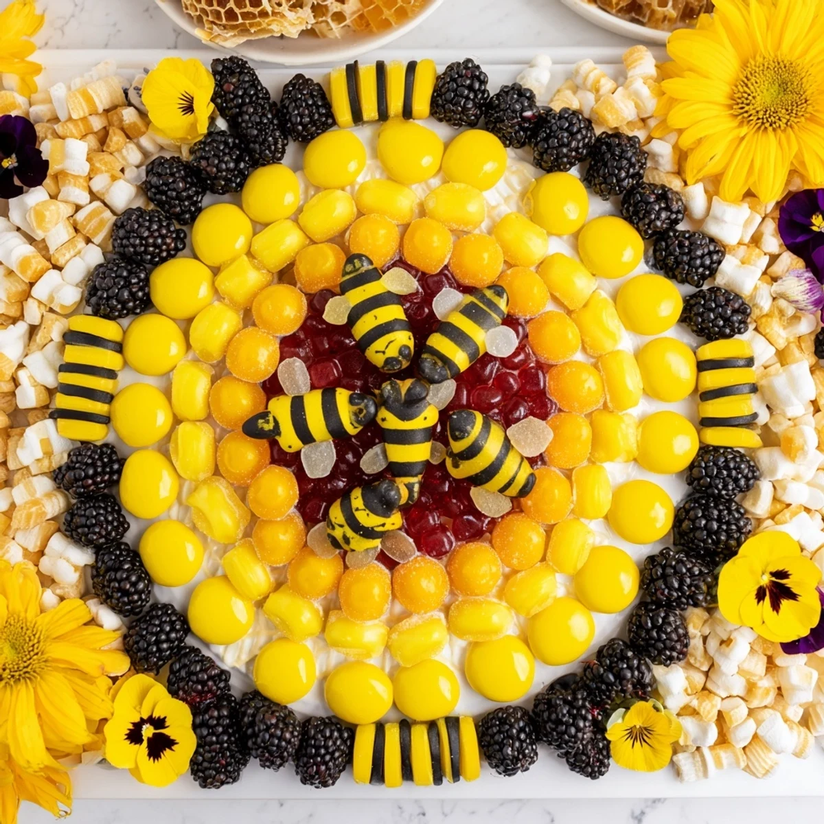 This festive Bumblebee Candy Board showcases a delightful arrangement of yellow and black candies.