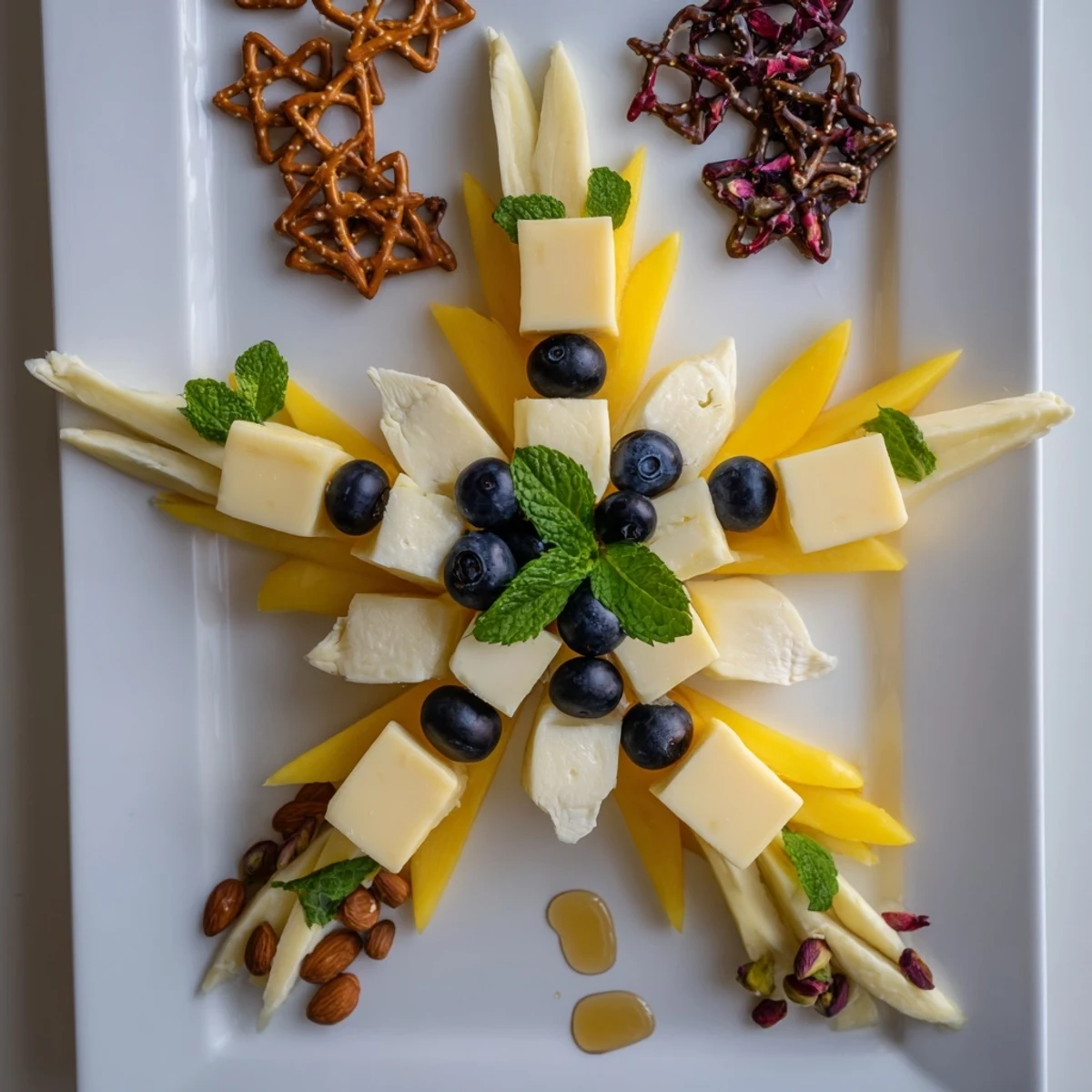 Shooting Star Snack Board with vibrant fruits, cheeses, and crackers; perfect party appetizer arrangement.