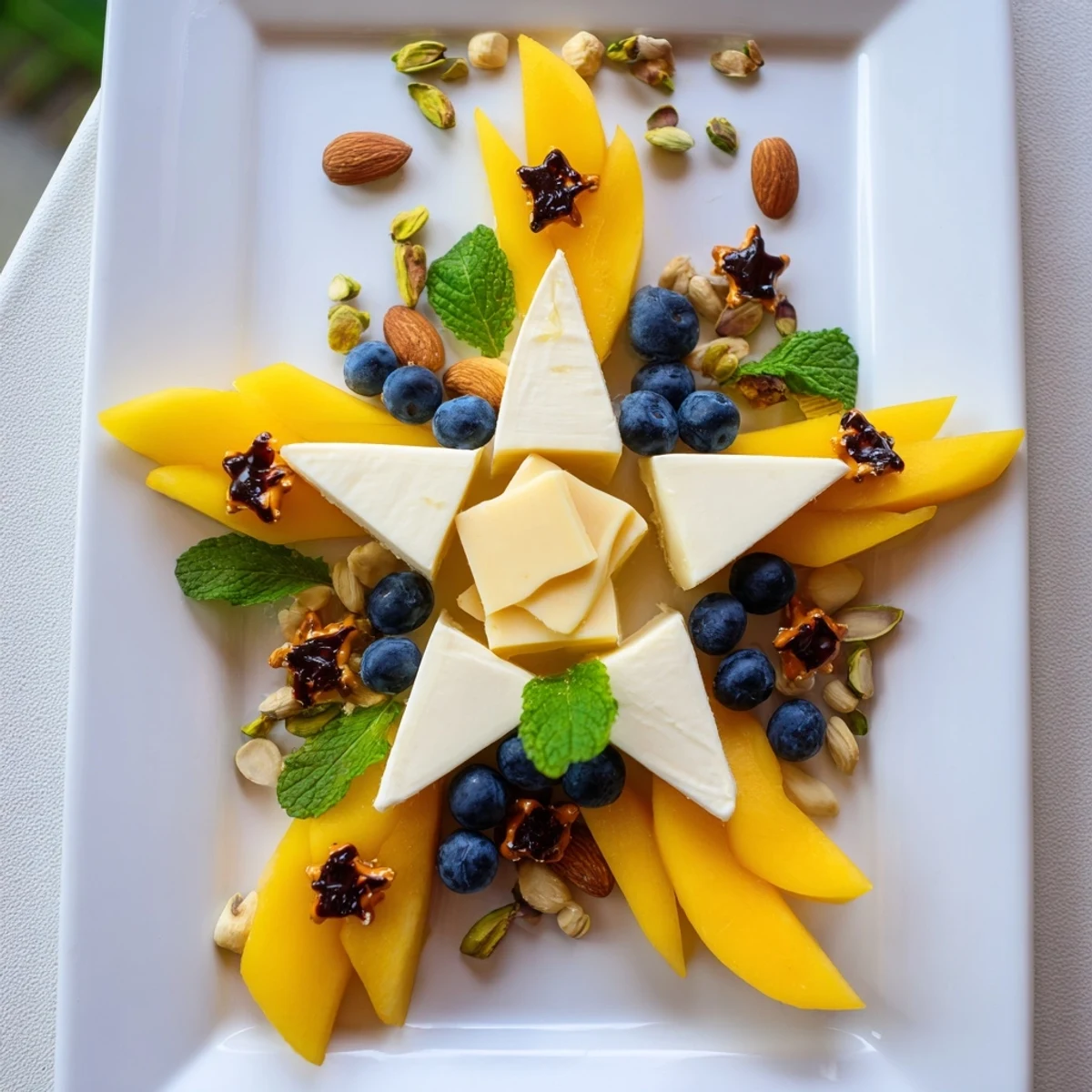 This festive Shooting Star Snack Board offers a colorful array of cheeses, fruit, and sweet treats in a star shape.