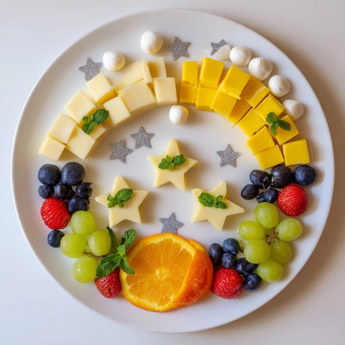 A vibrant Comet & Planet Grazing Tray arranged with various cheeses, fruits, and crackers for party fun.