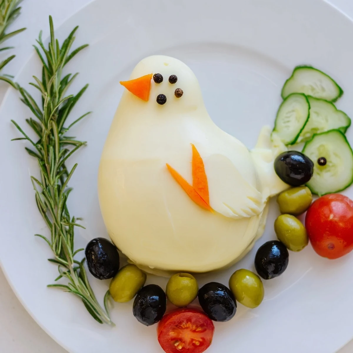 Peace Dove Christmas Olive Platter with a creamy cheese dove surrounded by olives and tomatoes.