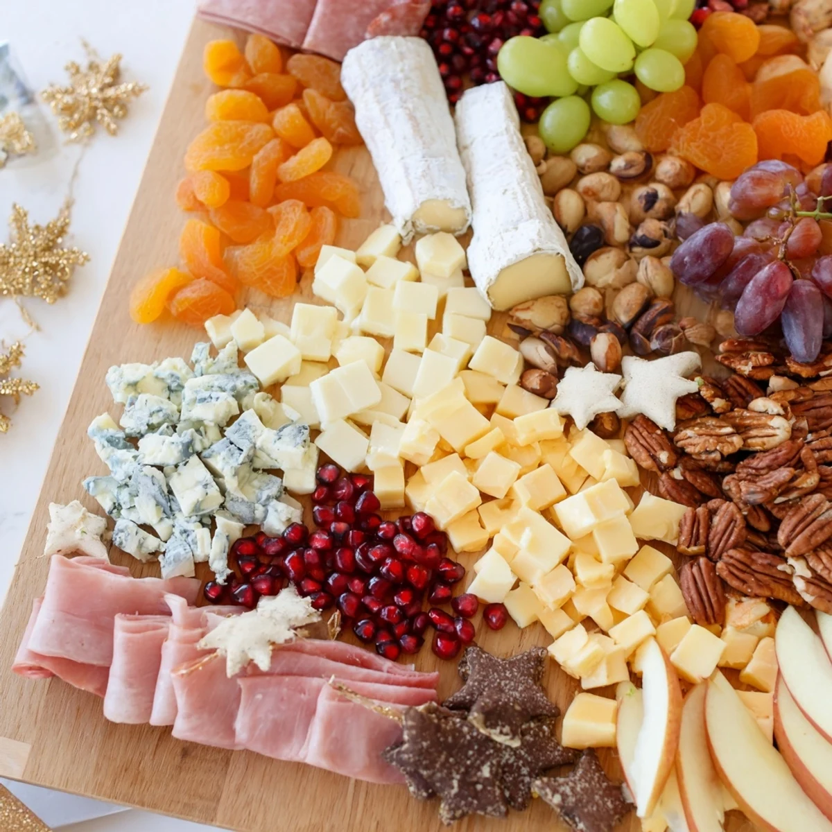 Shining Bright Christmas 2025 Board: a vibrant, eye-catching holiday grazing board with cheeses, charcuterie and sweets.