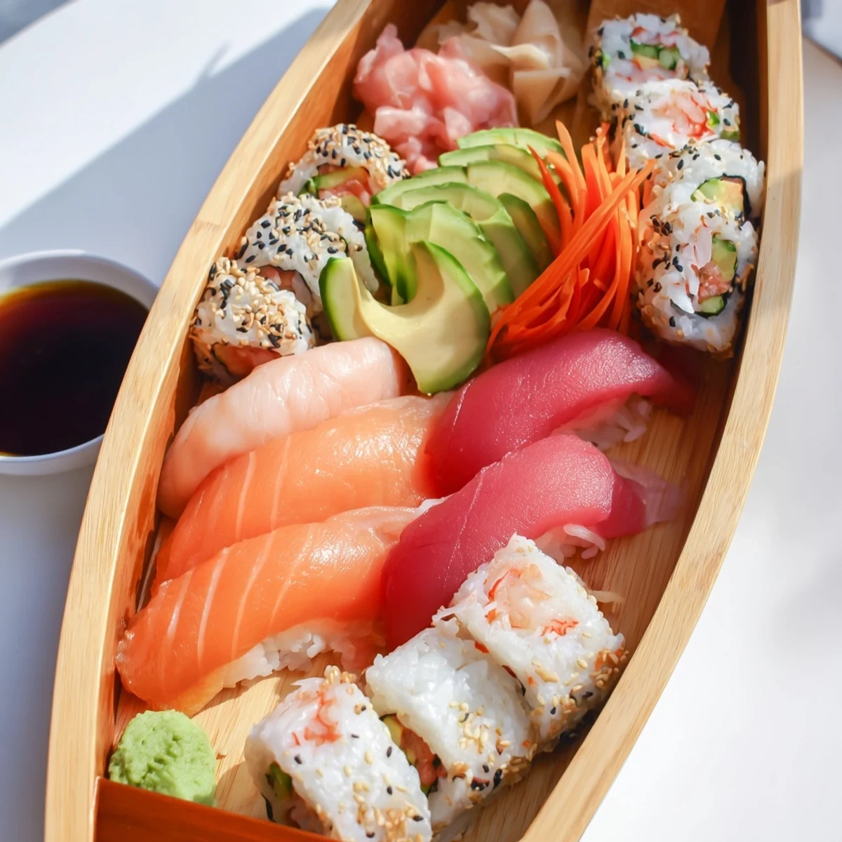 This Sail Away Boat-Shaped Sushi Platter features gleaming salmon and tuna, artfully arranged with garnishes.