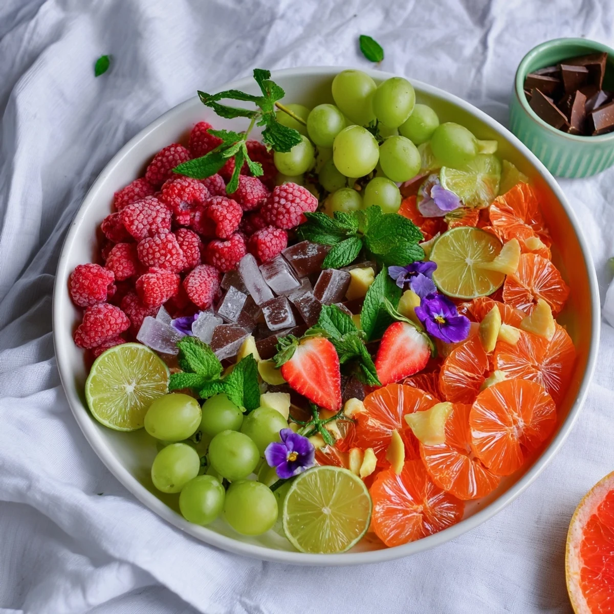 Fresh fruits, herbs, and sweets beautifully arranged: the perfect Bubbly Bar New Years Eve Garnish Tray.