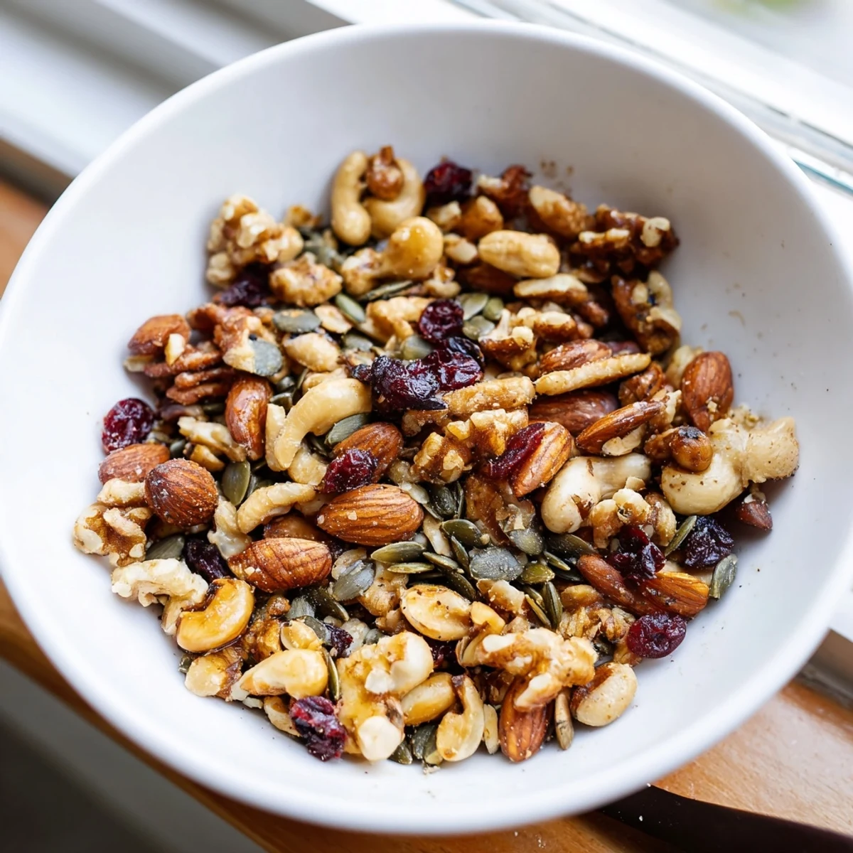 Close-up of a delicious Squirrels Gourmet Nut Bowl, showcasing toasted nuts and vibrant cranberries.