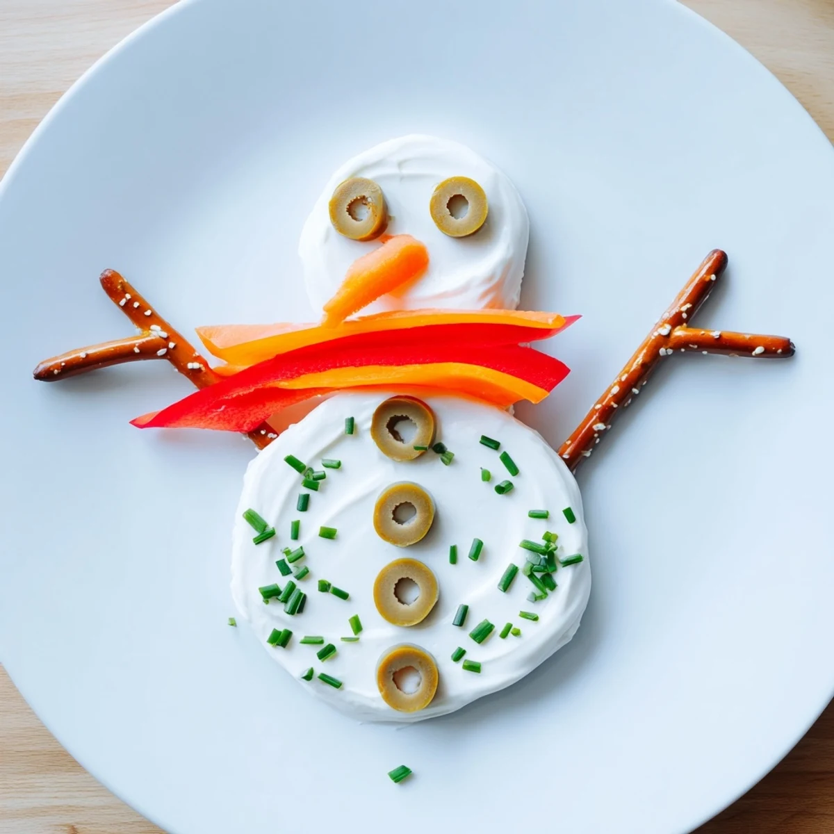 Creamy Melted Snowman Dip Bowl, a whimsical appetizer with olive eyes and a carrot nose.