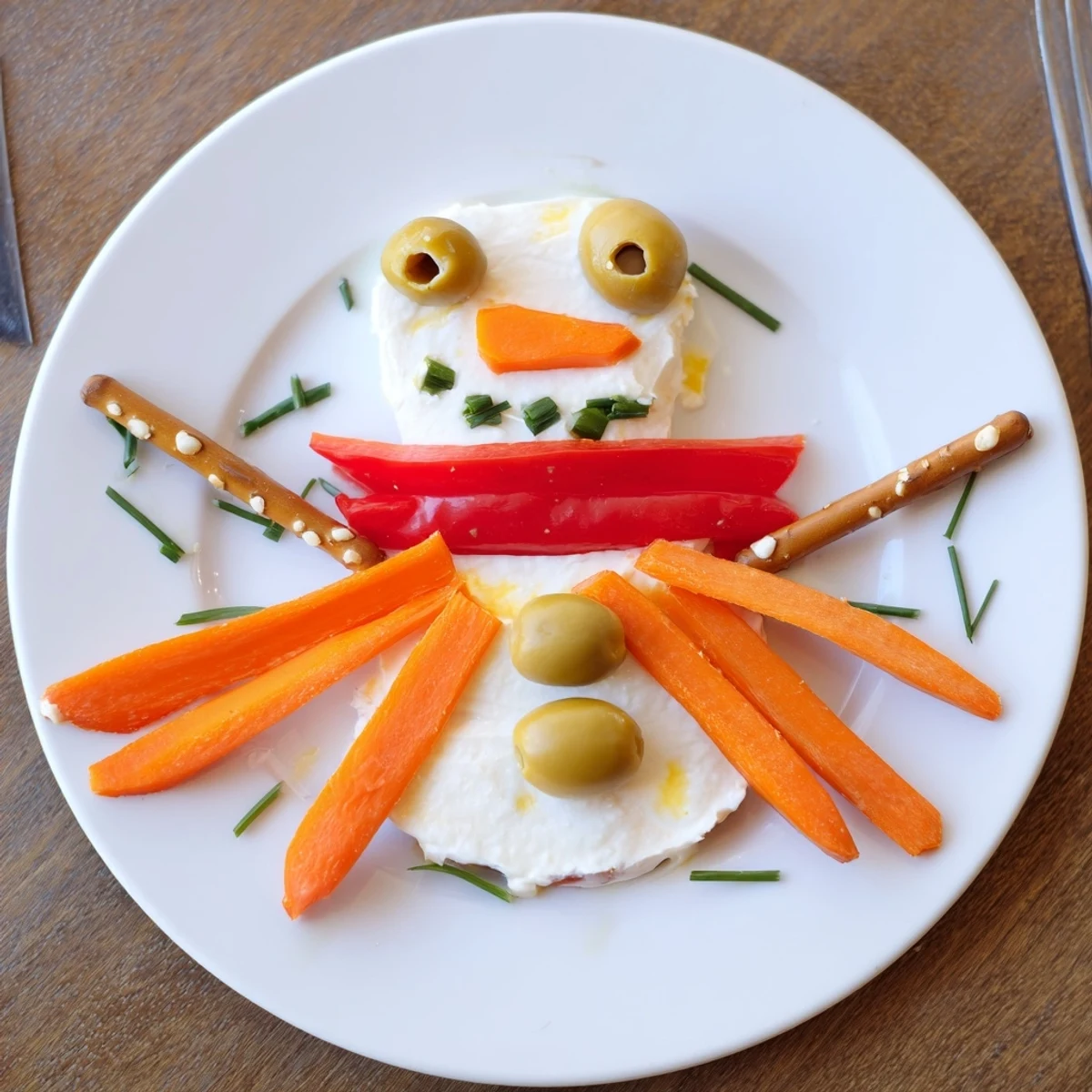 This festive Melted Snowman Dip Bowl has a carrot nose and pretzel arms, perfect for winter fun.