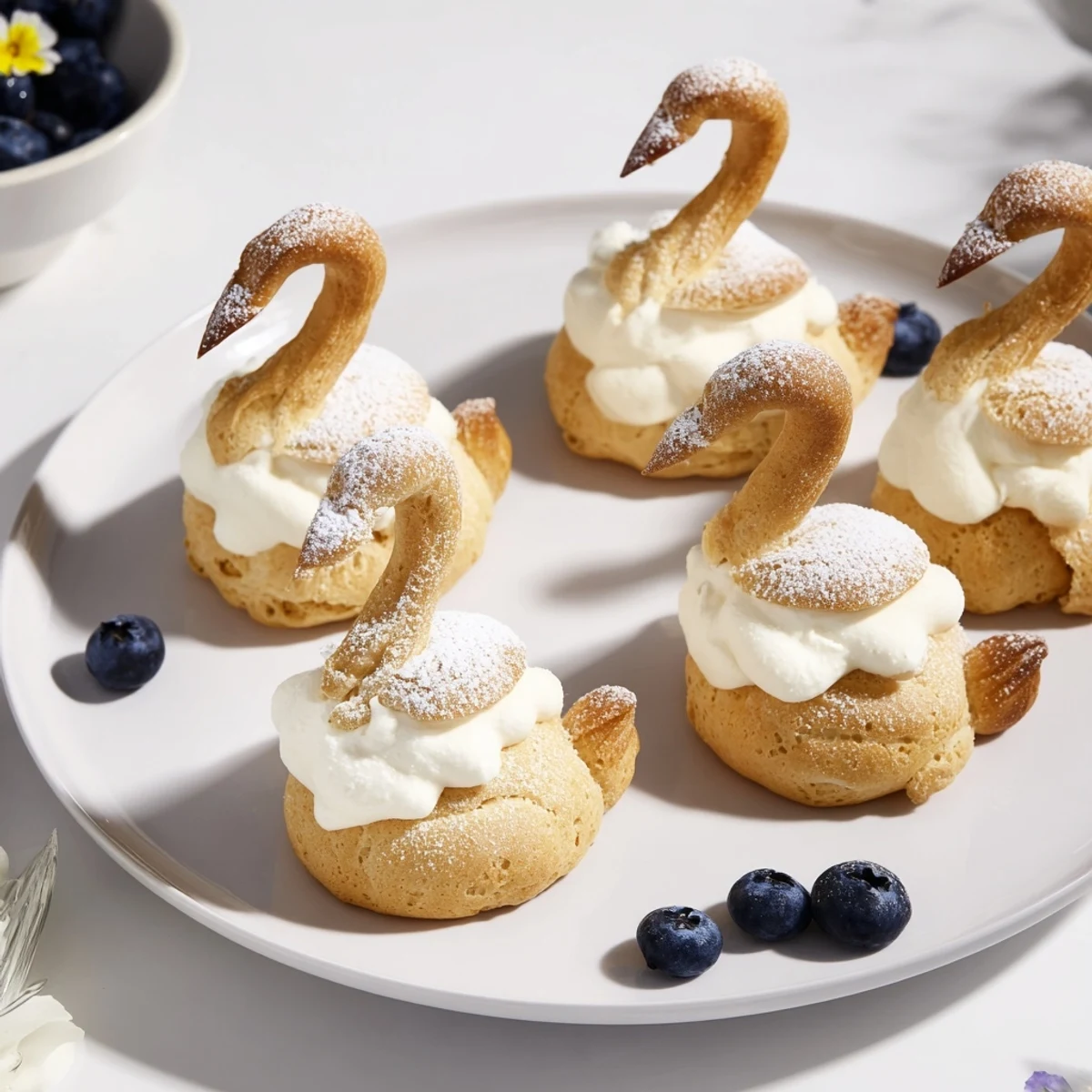 Light and fluffy Plateau Cygne Pâtisseries Aériennes, filled with vanilla cream and garnished with fresh berries.