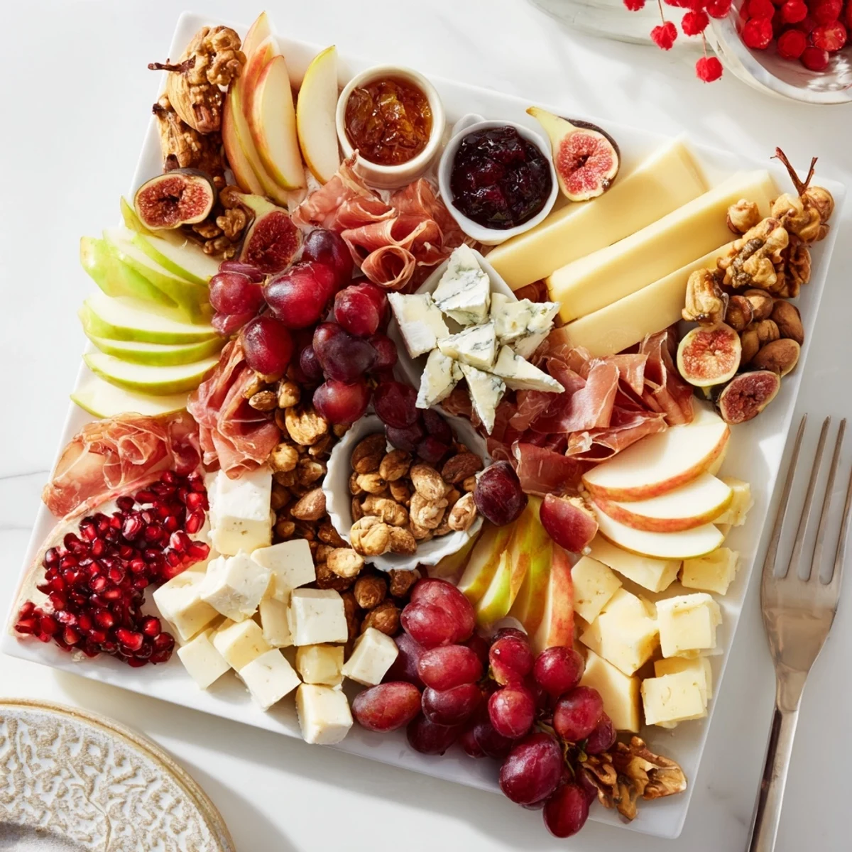 Éclat d’Étoiles Planche de Noël: A starburst charcuterie board with cheeses, meats, and colorful fruits, inviting guests.