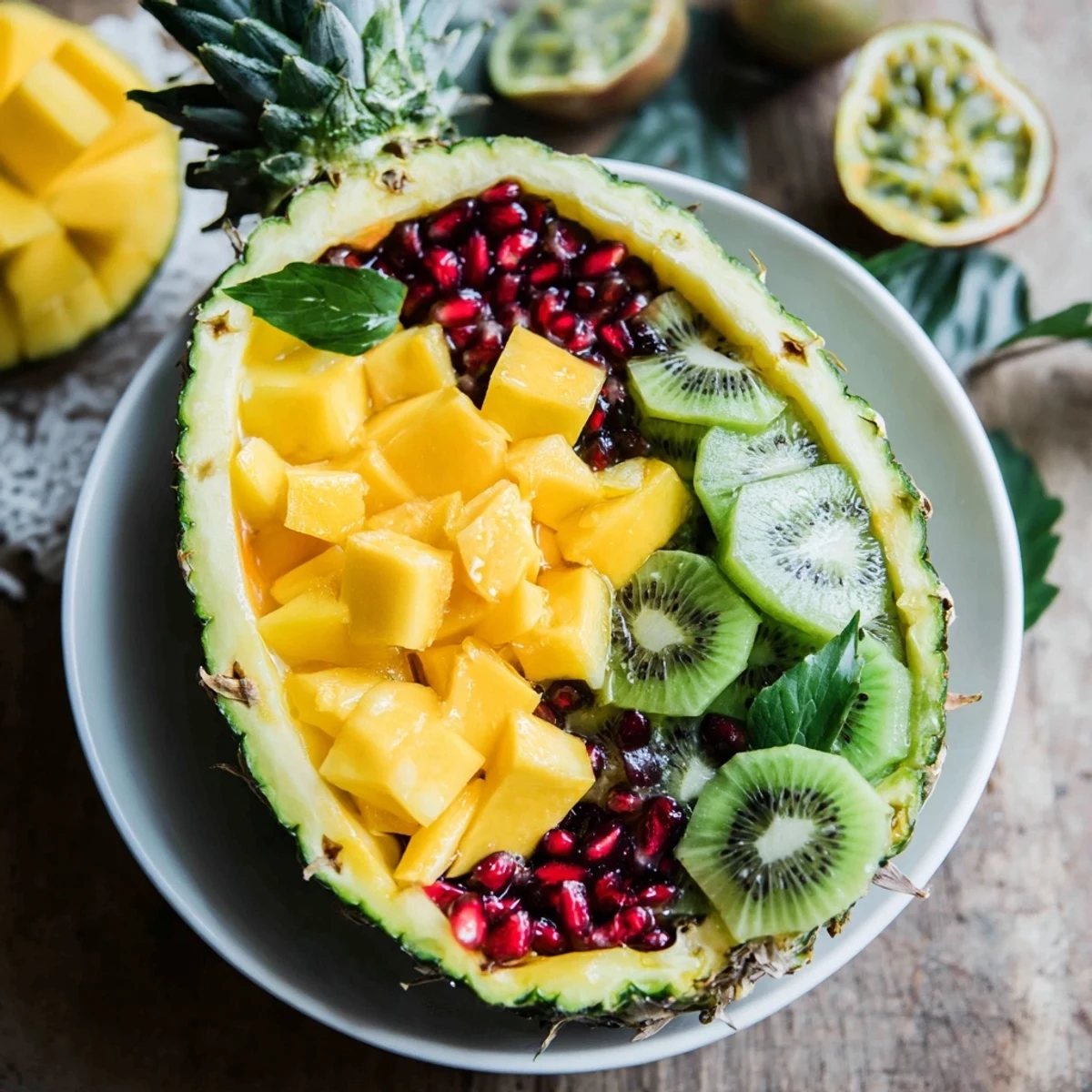 A close-up of a beautifully arranged Tropical Pineapple Fruit Boat with a garnish of mint leaves, ready to enjoy.