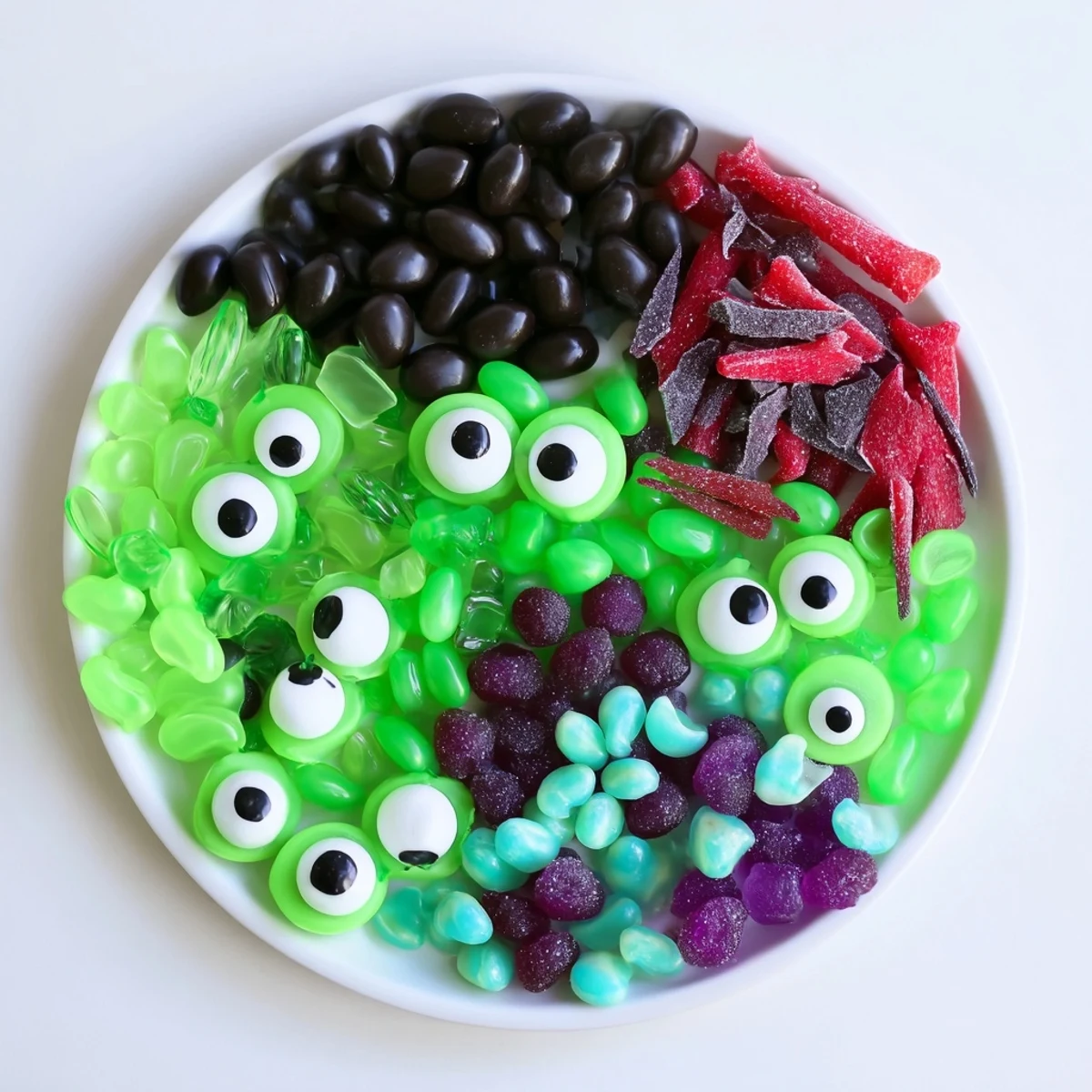 Vibrant Poison Apple Candy Platter, a Halloween dessert, showcasing green and purple candies with eerie eyeballs.