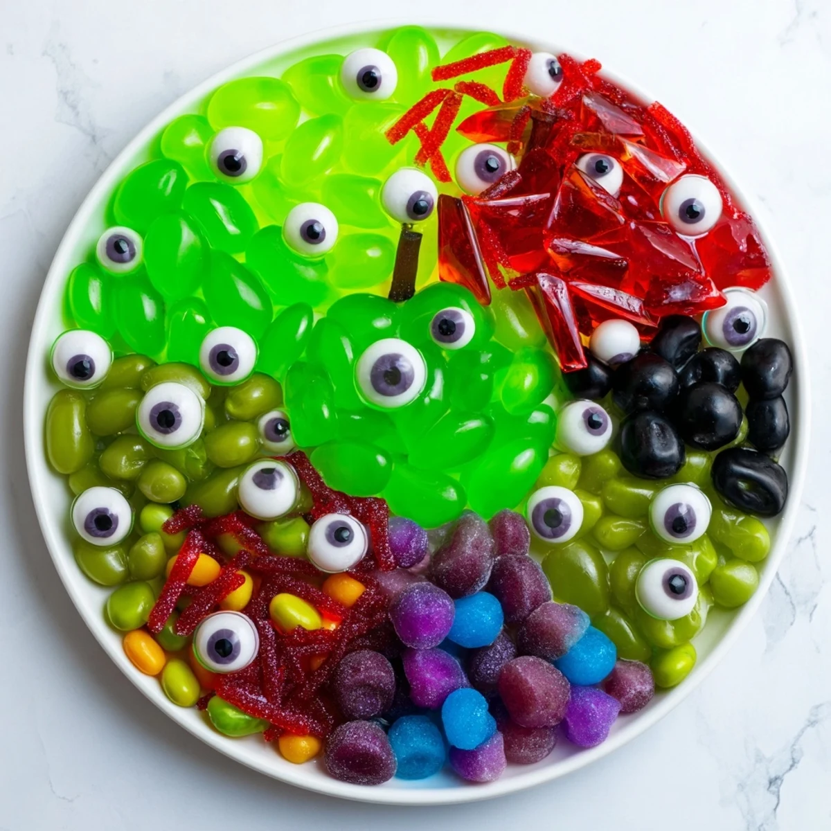 Pile of colorful Poison Apple Candy, perfect for a party, with shimmering glitter and spooky candy decorations.