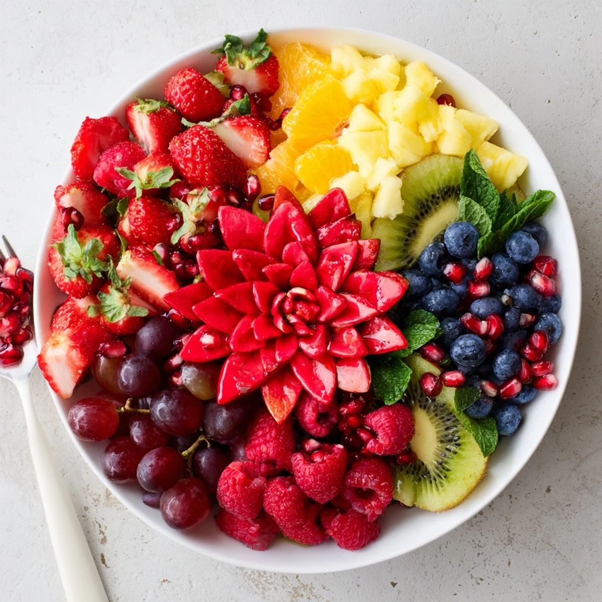 Festive Poinsettia Fruit Bowl: a colorful holiday brunch display of fresh strawberries, raspberries, and grapes.