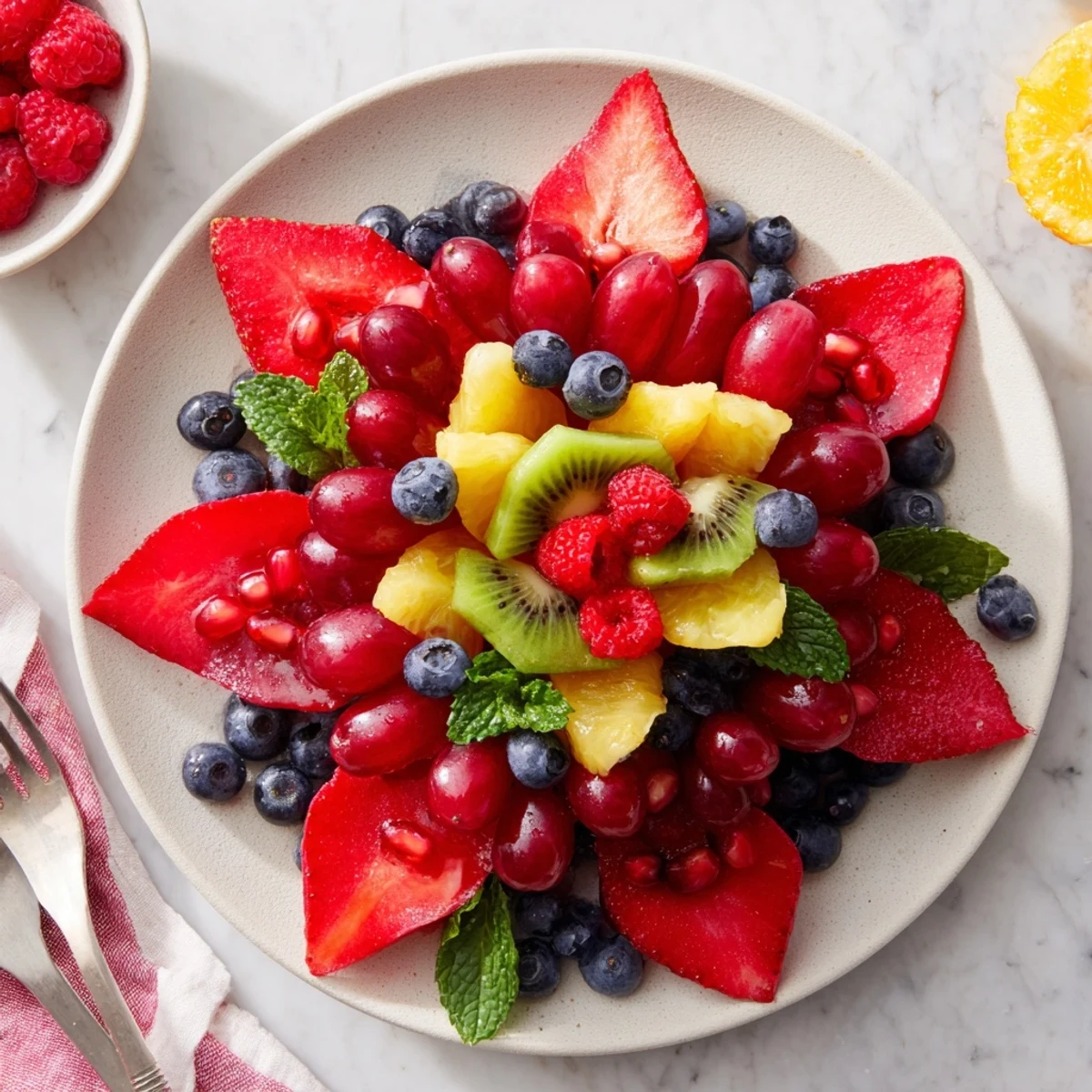 Imagine a vibrant Festive Poinsettia Fruit Bowl, glistening with a honey-lime dressing and fresh mint garnishes.