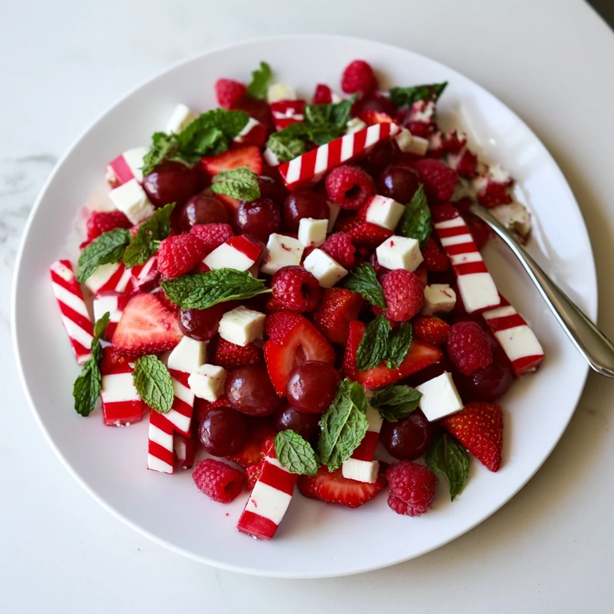 A close-up view of the festive candy cane stripe fruit and cheese, a delicious and easy holiday appetizer.