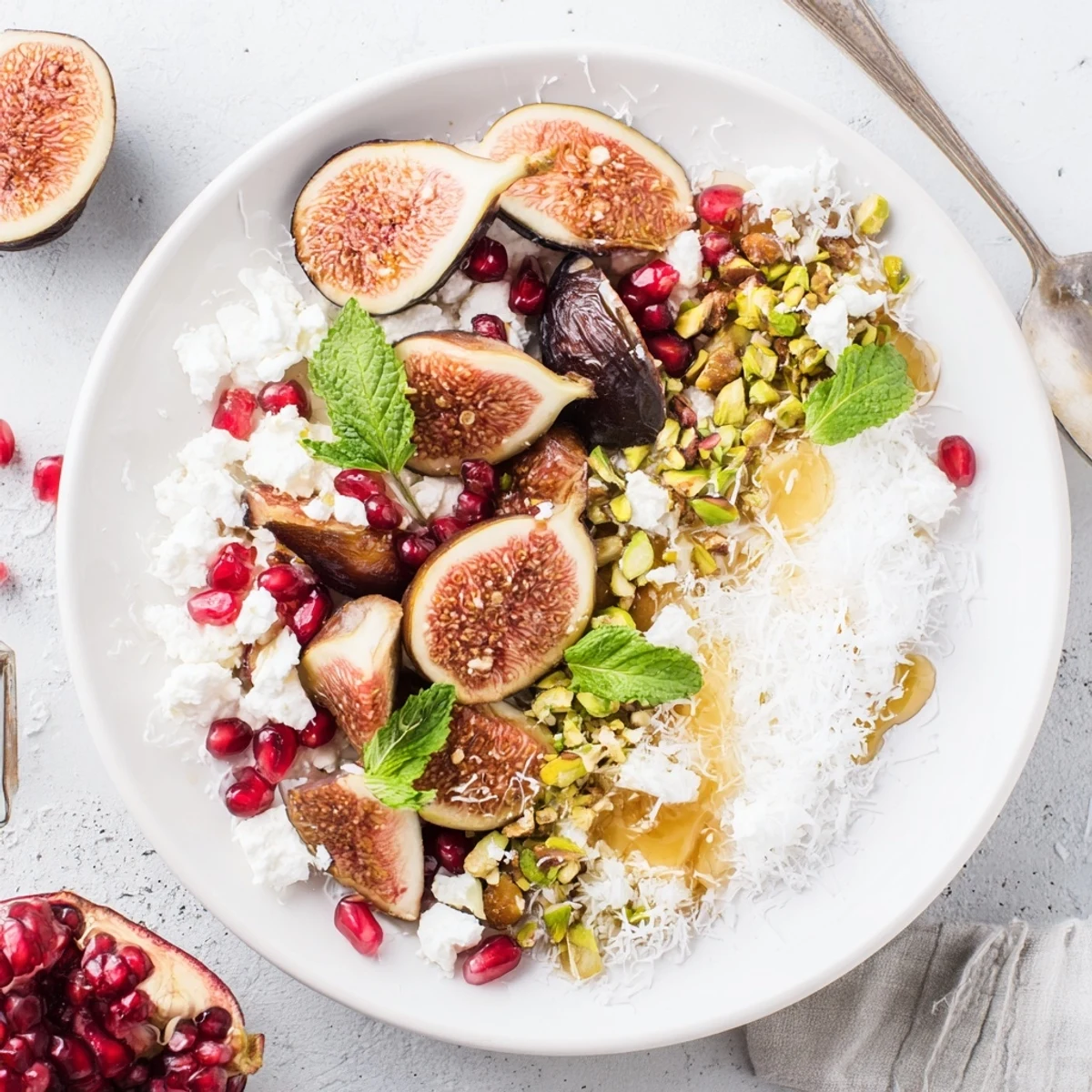 A vibrant Winter Fruit: Fig and Date Snowdrift Platter, artfully garnished with snowy coconut and pistachios.