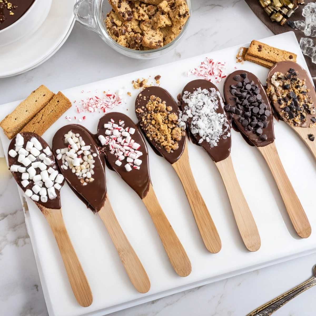 Festive Hot Chocolate Spoon Toppings Board, featuring chocolate-covered spoons and candy toppings, so tempting!