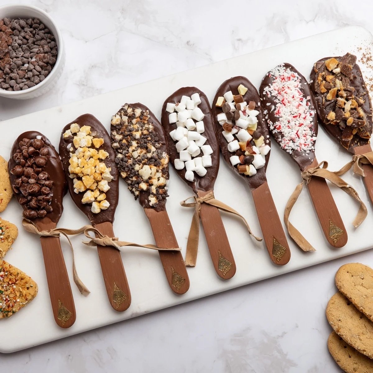 Hot Chocolate Spoon Toppings Board: a beautiful array of treats ready for dipping into warm milk.