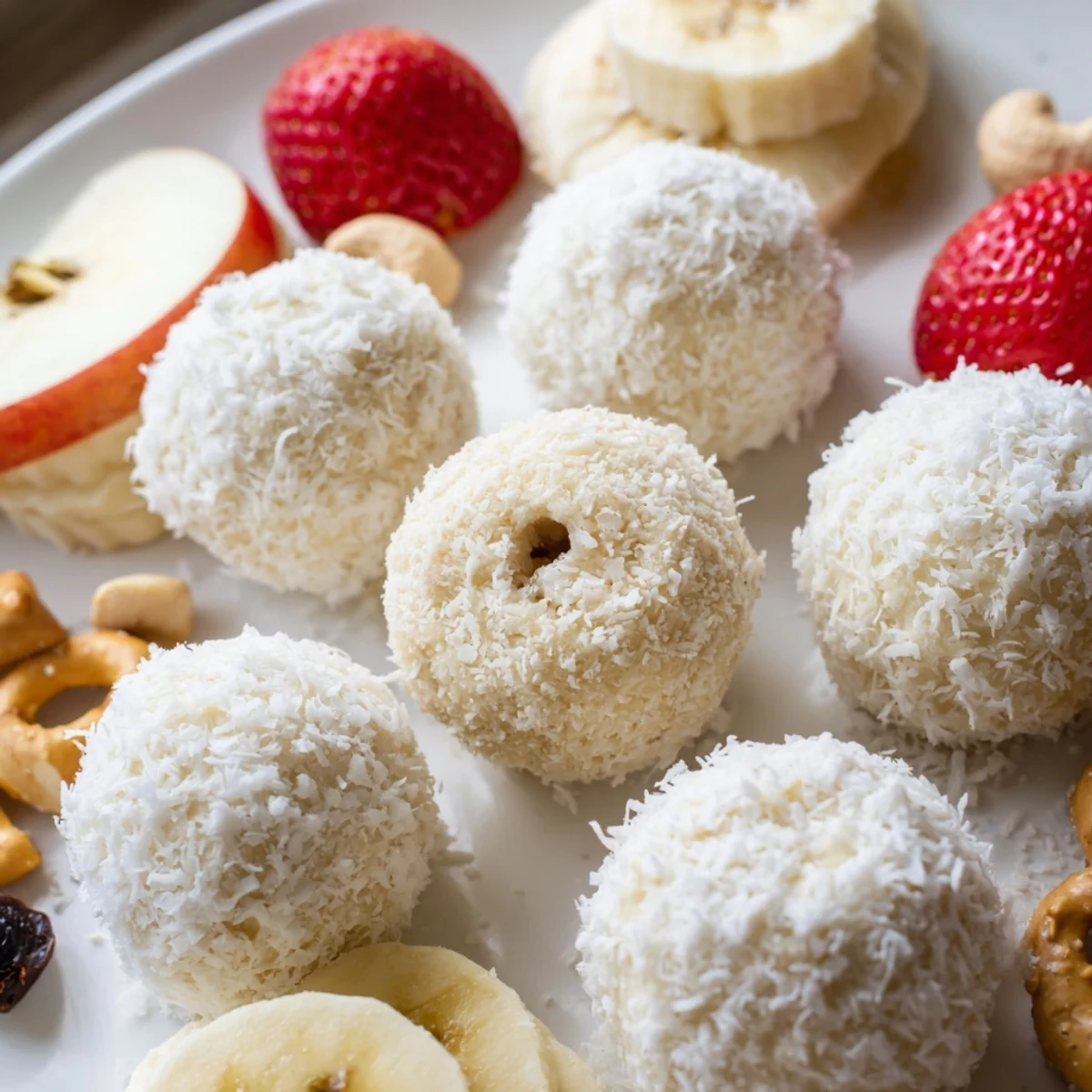 Creamy Marshmallow Snowball Dip Platter, perfect for dipping fruits and pretzels at your next party.