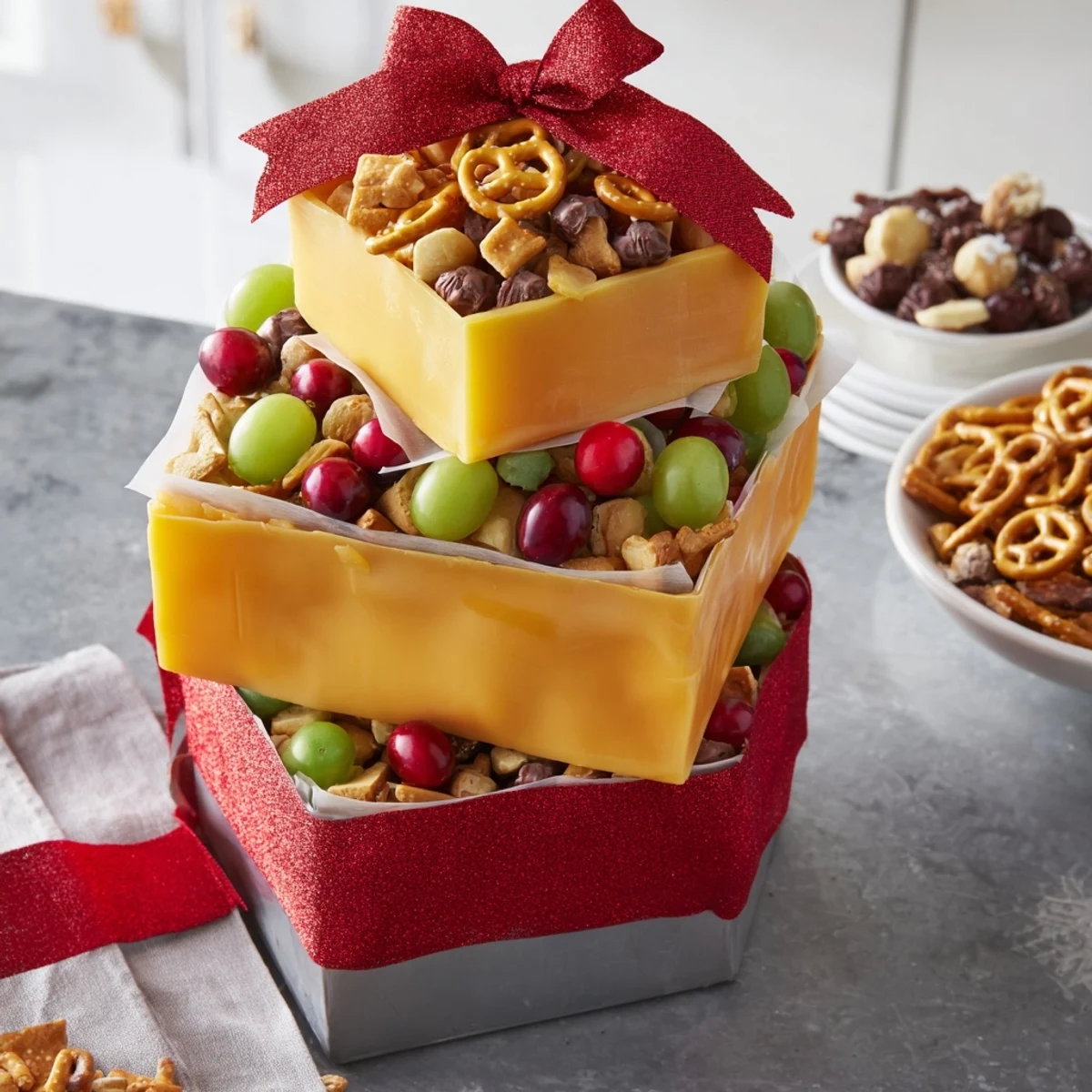 Vibrant Stacked Christmas Gift Snack Tower, showcasing layers of delicious snacks tied with festive ribbons, ready to serve.