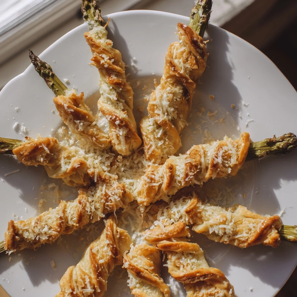 Warm, aromatic Star Shaped Asparagus Bundle Wraps, sprinkled with parmesan cheese and ready to enjoy.