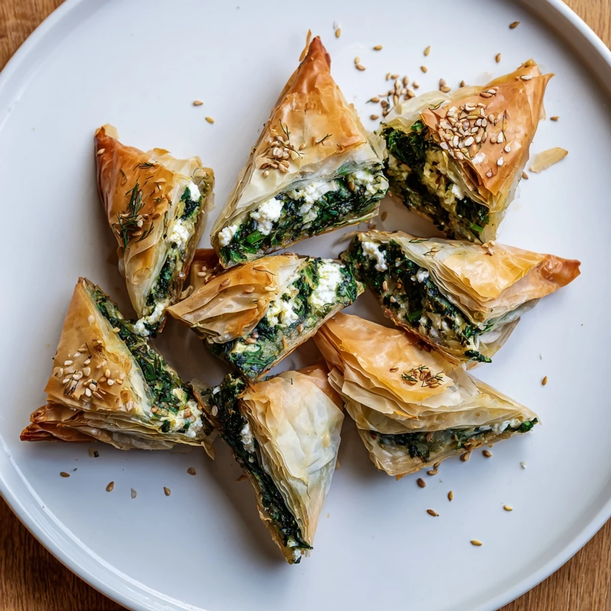 Crispy layers of phyllo embrace the savory spinach-feta filling in these mini Spanakopita triangles.