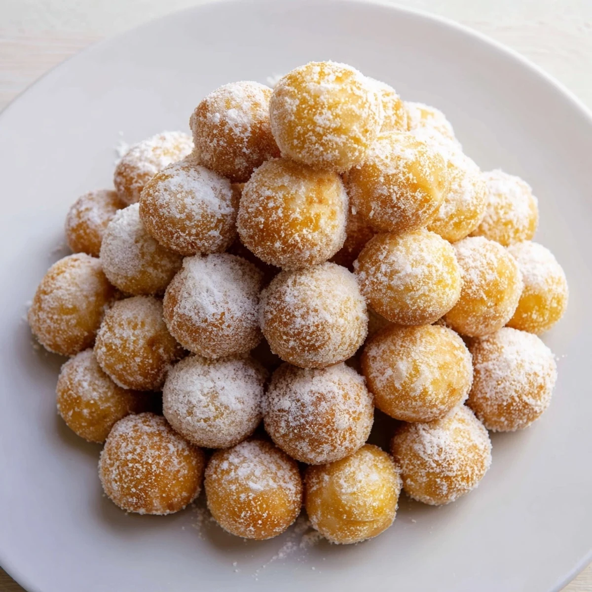 Fluffy powdered donut holes mountain, dusted in sugar, ready to be dipped and devoured.