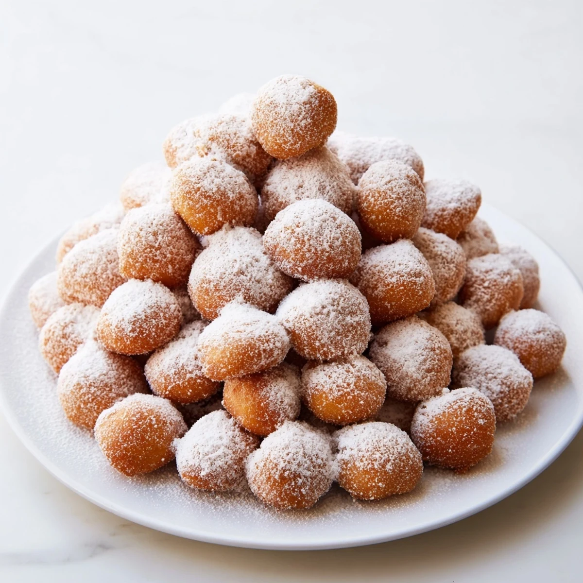 A close-up of a towering, golden powdered donut holes mountain, perfect for dessert time bliss.