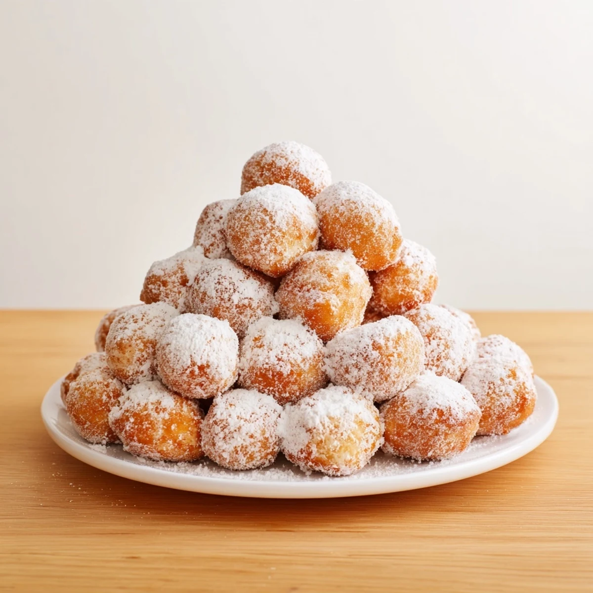 Sweet, soft, and pillowy powdered donut holes mountain, a delicious American treat to share.