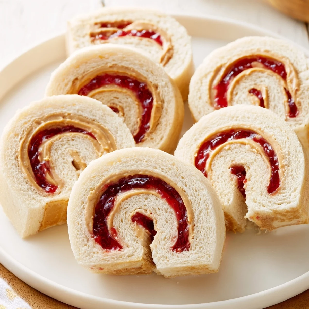 Quartered PB&J pinwheel rolls, a colorful snack with layers of peanut butter and jelly.