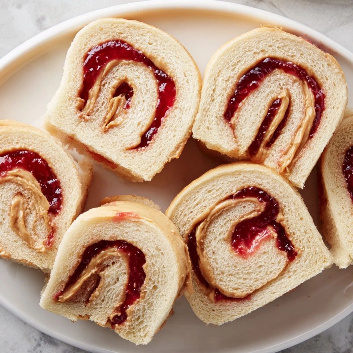 Close-up of fresh quartered PB&J pinwheel rolls with visible peanut butter and jelly swirl.