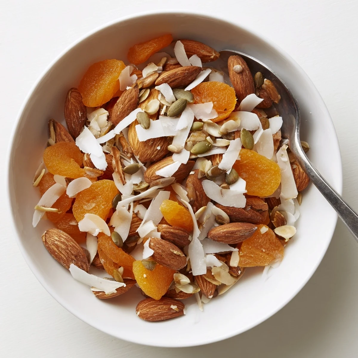 A delicious mix of dried apricots and almonds, this simple pile makes an easy snack.