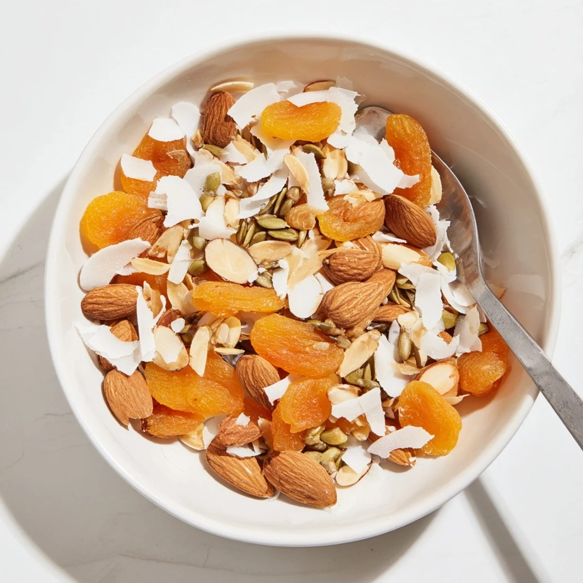 Vibrant image shows almonds and dried apricots; a quick, healthy snack, perfect for anyone.