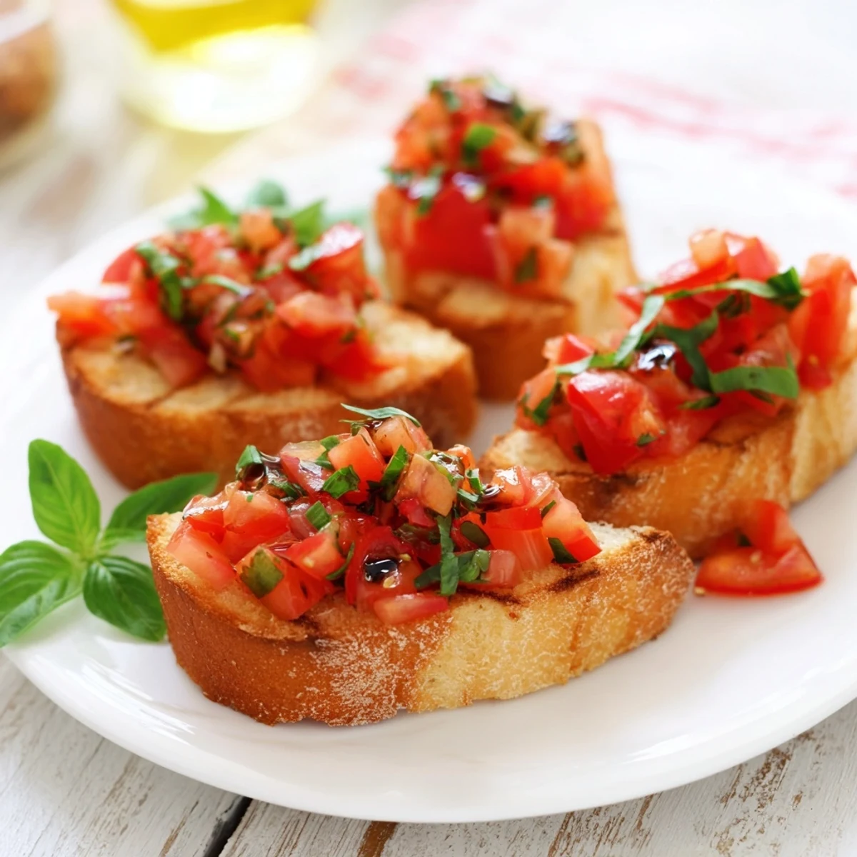 Golden, toasted Bruschetta with vibrant tomato topping, arranged diagonally for an inviting appetizer.